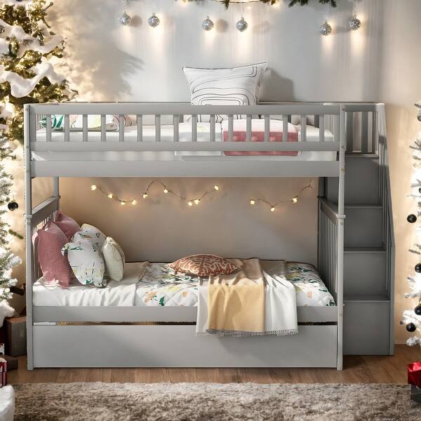 slide 2 of 14, Full Over Full Bunk Bed 3 Beds In 1 With Trundle And Staircase for Bedroom Grey