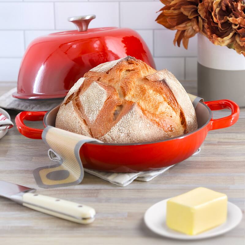 Enameled Cast Iron 6 Quart Bread Pan Includes Baking Mat in Red