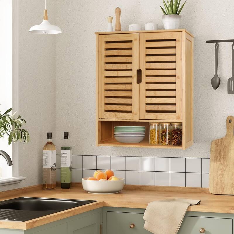 Double Door Wall Cabinet Bathroom Storage Shelf Bamboo