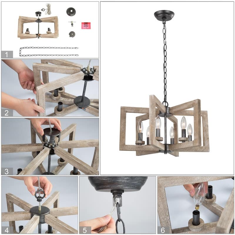 Loby Farmhouse Rustic 6-light Geometrical Lantern Wood Chandelier for Foyer - D20" x H13"
