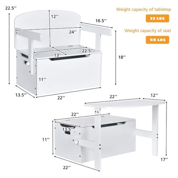 3-in-1 Kids Convertible Storage Bench Wood Activity Table & Chair Set