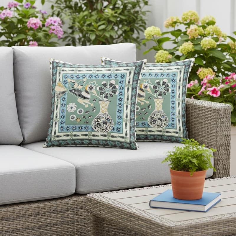 HomeRoots Set of Two 16" X 16" Green and Black Peacock Blown Seam Floral Indoor Outdoor Throw Pillow - 16.00' X '16.00' X '5.00 - Black/Green - 16.00' X '16.00' X '5.00