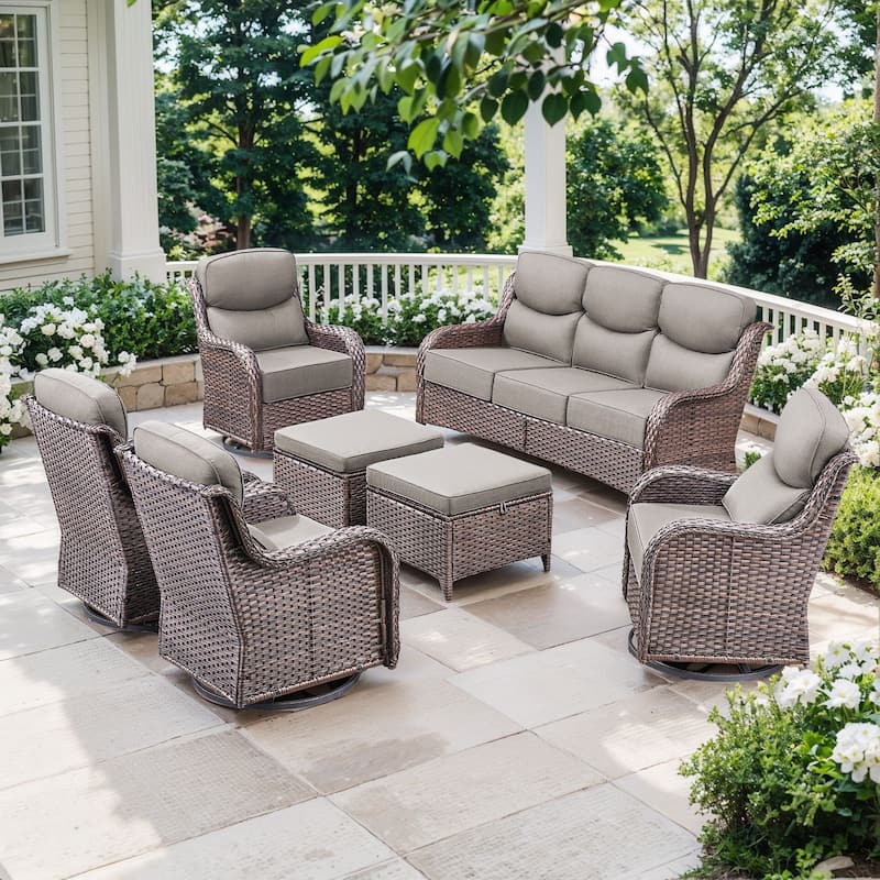 Outdoor Patio Sofa Swivel Chair with 6-Inch Thick Cushions Set - Brwon Wicker Grey Cushion - 7PCS Sofa Swivel Chair w/ Ottoman