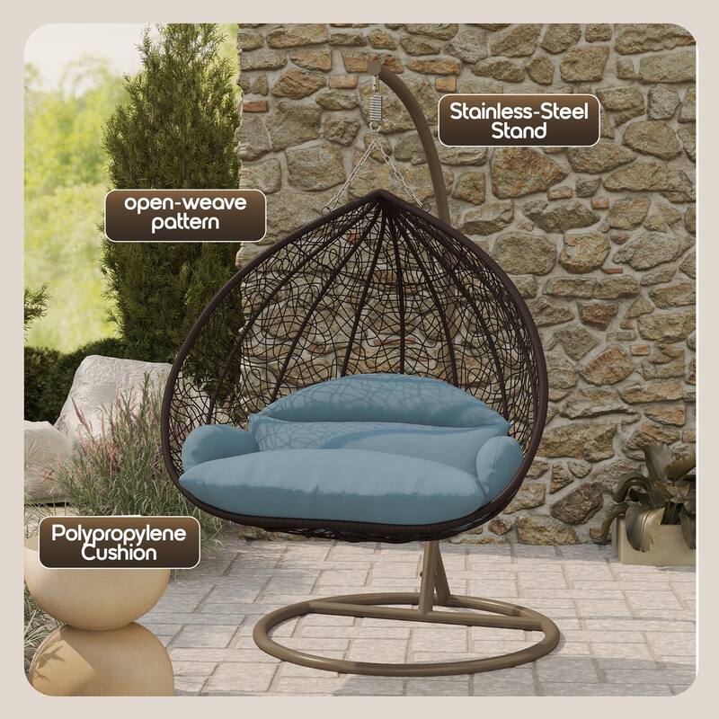 2-Person Egg Swing Chair in Brown Stainless Steel 2-Seater Porch Swing with Stand for Outdoor and Indoor - 77.95" Height