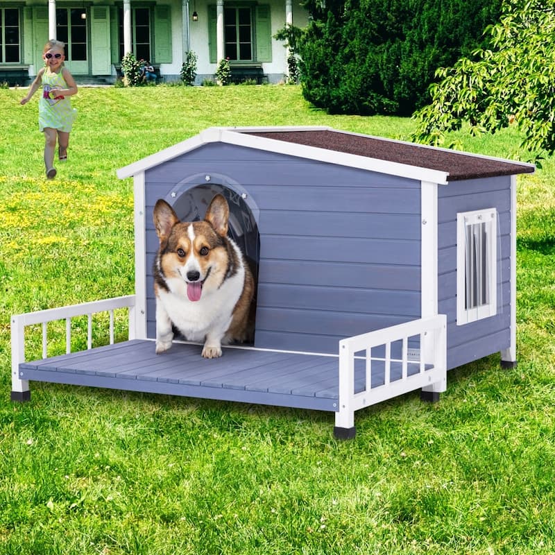 Large Wooden Dog House with Roof & Terrace for Small & Medium Dogs - Grey