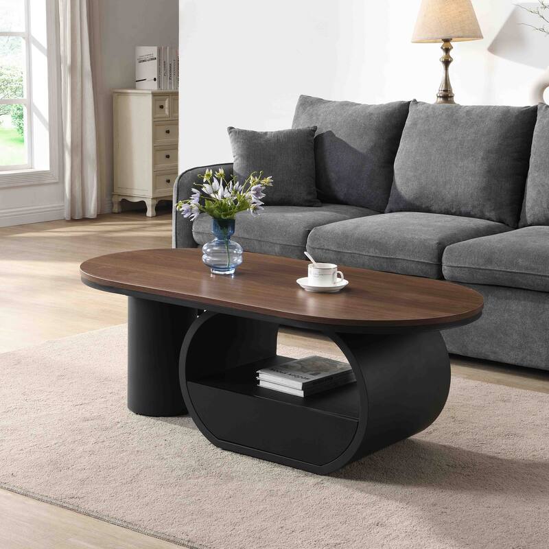 Luxury Industrial Oval Coffee Table, 47.24'' Coffee Table with Storage Drawer, Black Metal Center Table for Living Room - Black Brown