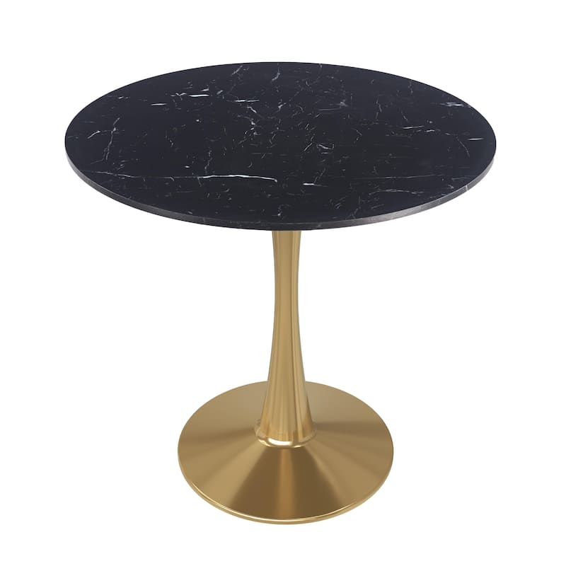 Bristol 40" Modern Round Dining Table with Accent Gold Steel Pedestal Base, Scratch-Resistant and Easy-Care - MDF - Marbled Black
