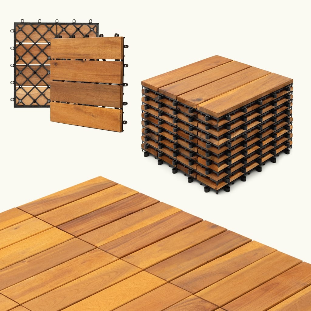 10pcs Acacia Wood Interlocking Flooring Tiles Waterproof Flooring for Outdoor & Indoor Patio, Balcony, Garden, Poolside