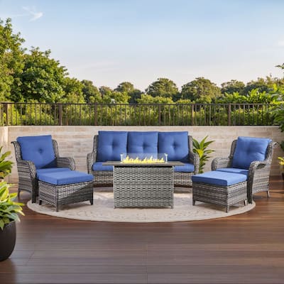 Fire Pit Table with Patio Sofa Chairs Ottomans Grey-Blue - Grey