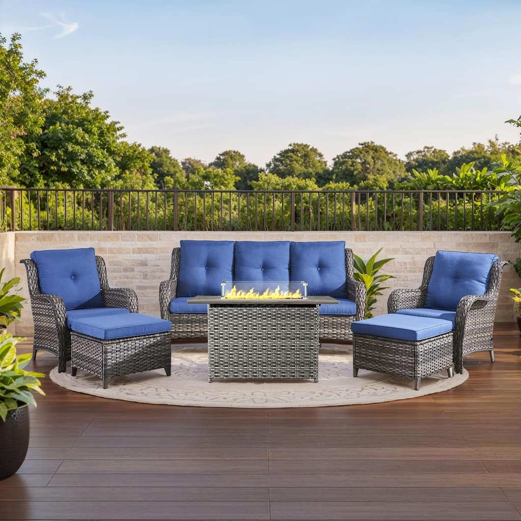 Fire Pit Table with Patio Sofa Chairs Ottomans Grey-Blue - Grey