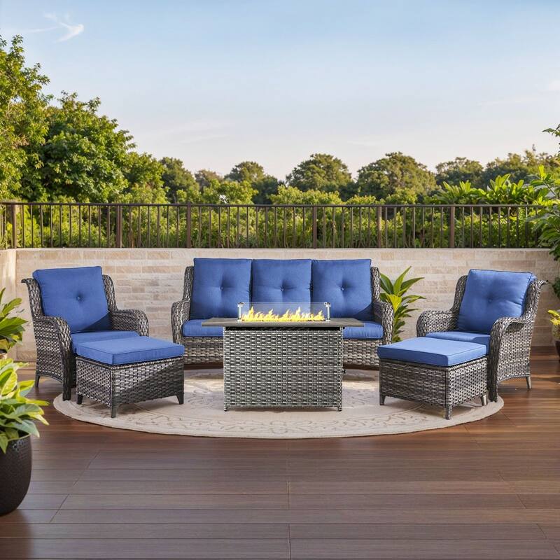 Gymojoy 6-Piece Outdoor Furniture Sofa Set with 2 Patio Chairs, 2 Ottomans & 55K BTU Fire Pit Table - Grey Wicker / Blue Cusion - 6-Piece