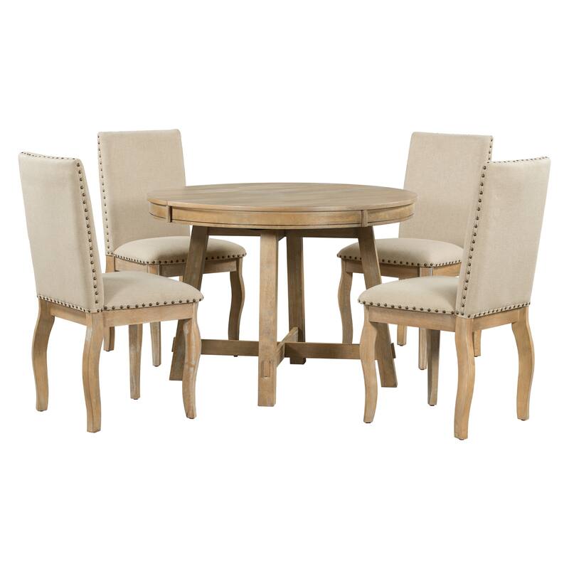 5-Piece Farmhouse Dining Table Set Wood Round Extendable Dining Table and 4 Upholstered Dining Chairs