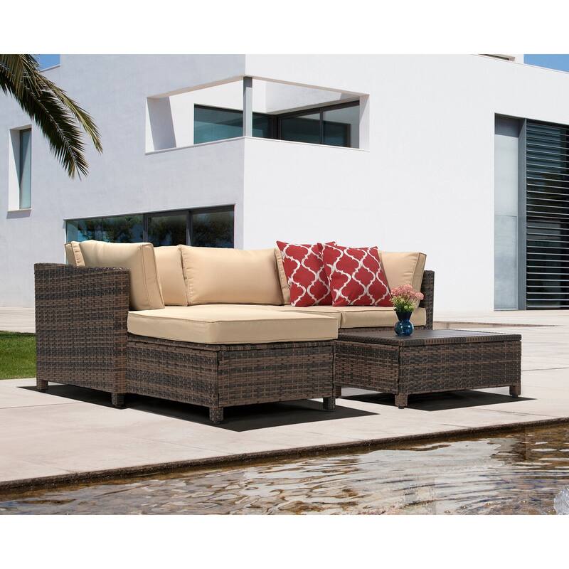 3 Pieces Wicker Patio Outdoor Sectional Set - Beige