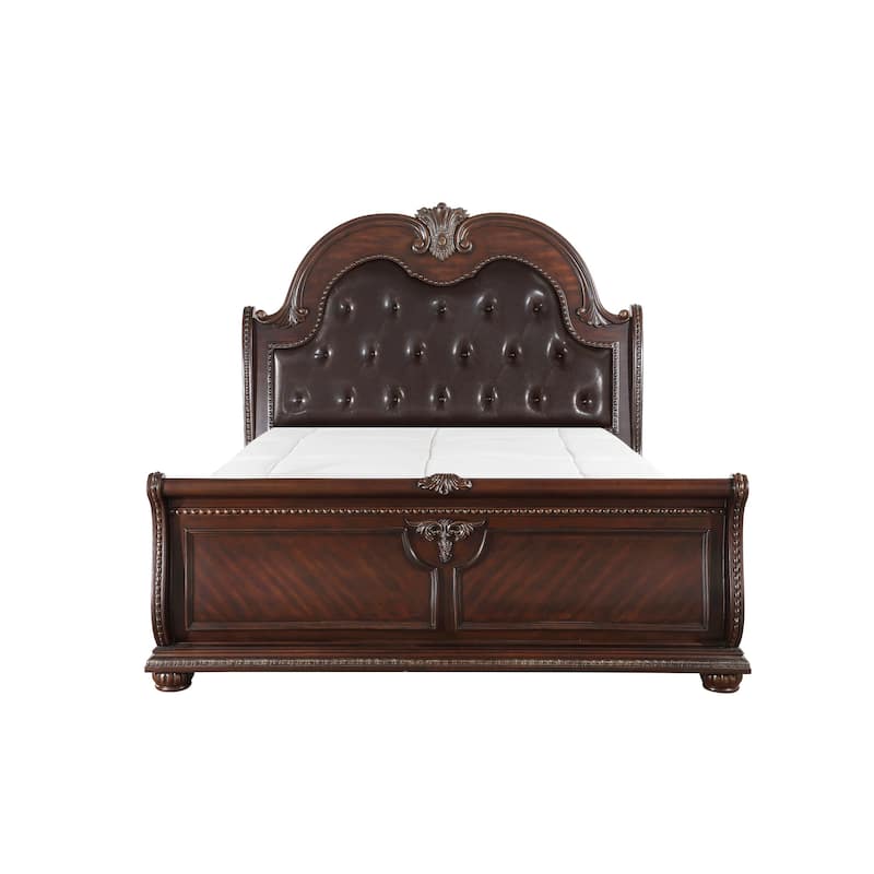 Traditional Dark Cherry Finish Finish Luxury Sleigh Bed Upholstered Headboard 1pc