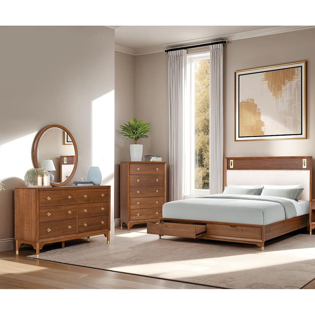 4pc Walnut Finish Storage Led Bed Bedroom Furniture Set