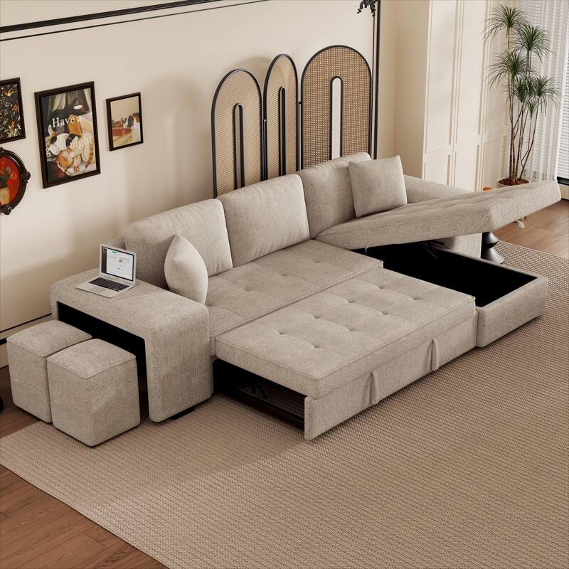 104.5" Reversible Sleeper Sectional, Chaise and 2 Stools, Storage - Cream White