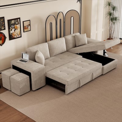 104.5" Reversible Sleeper Sectional, Chaise and 2 Stools, Storage