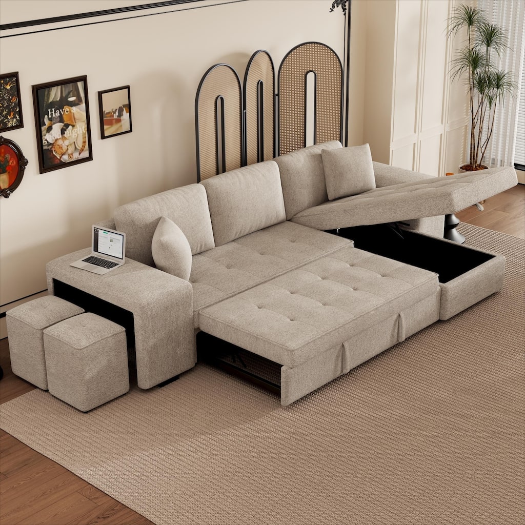 104.5" Reversible Sleeper Sectional, Chaise and 2 Stools, Storage