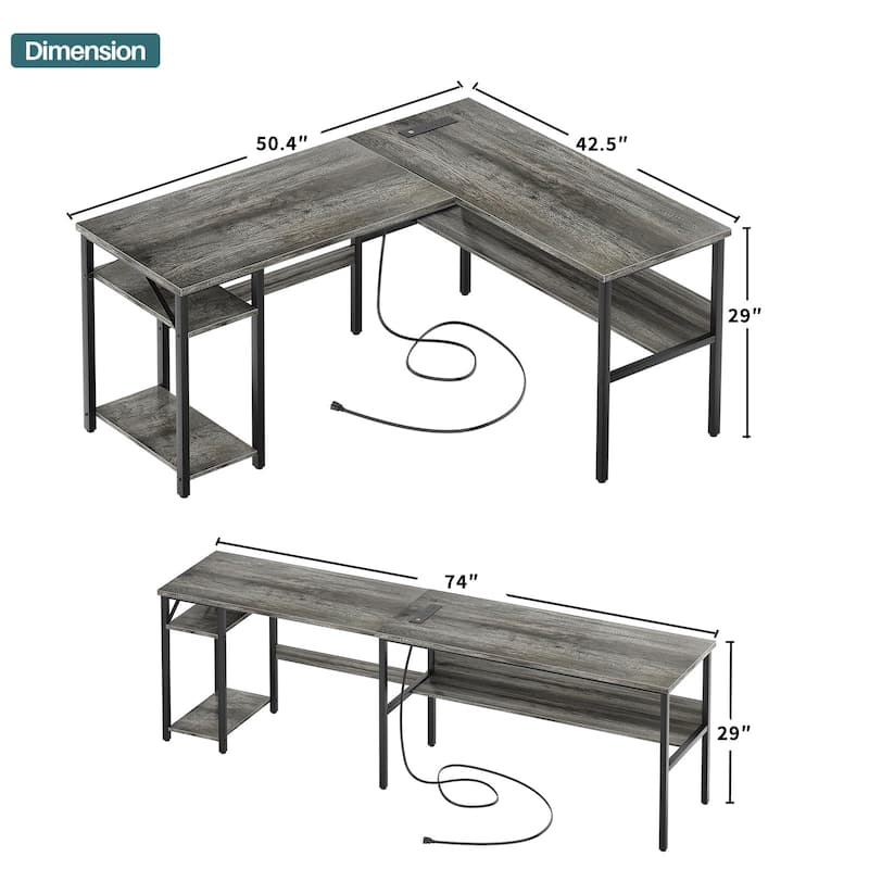 Reversible L Shaped Desk with Storage Shelves, Home Office Corner Desk with Charge Station