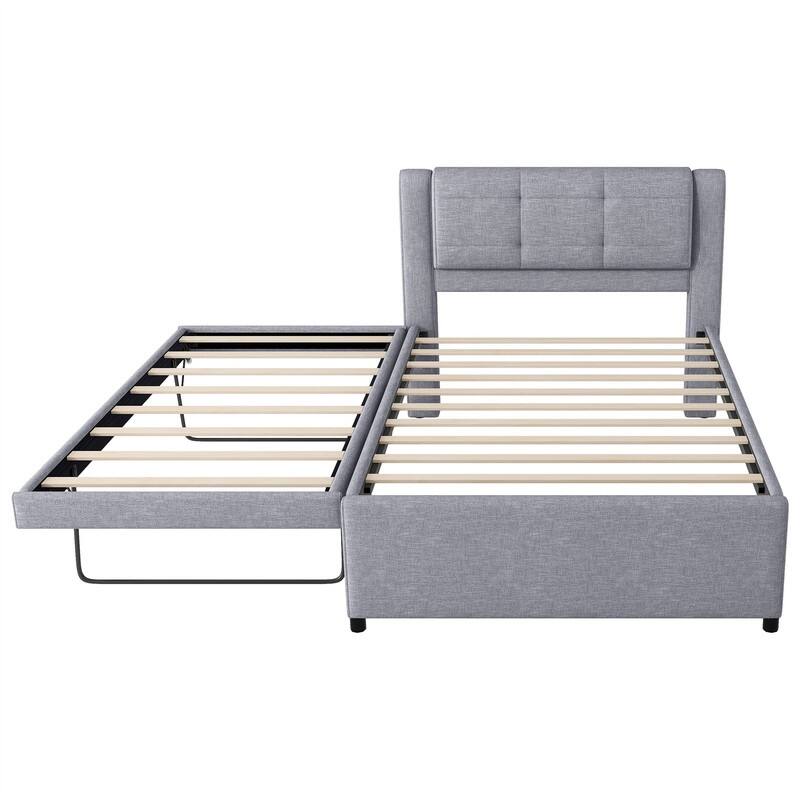 Full Size Upholstered Platform Bed with Pull-Out Trundle, Modern Bed Frame with Headboard, Trundle can be flat or erected