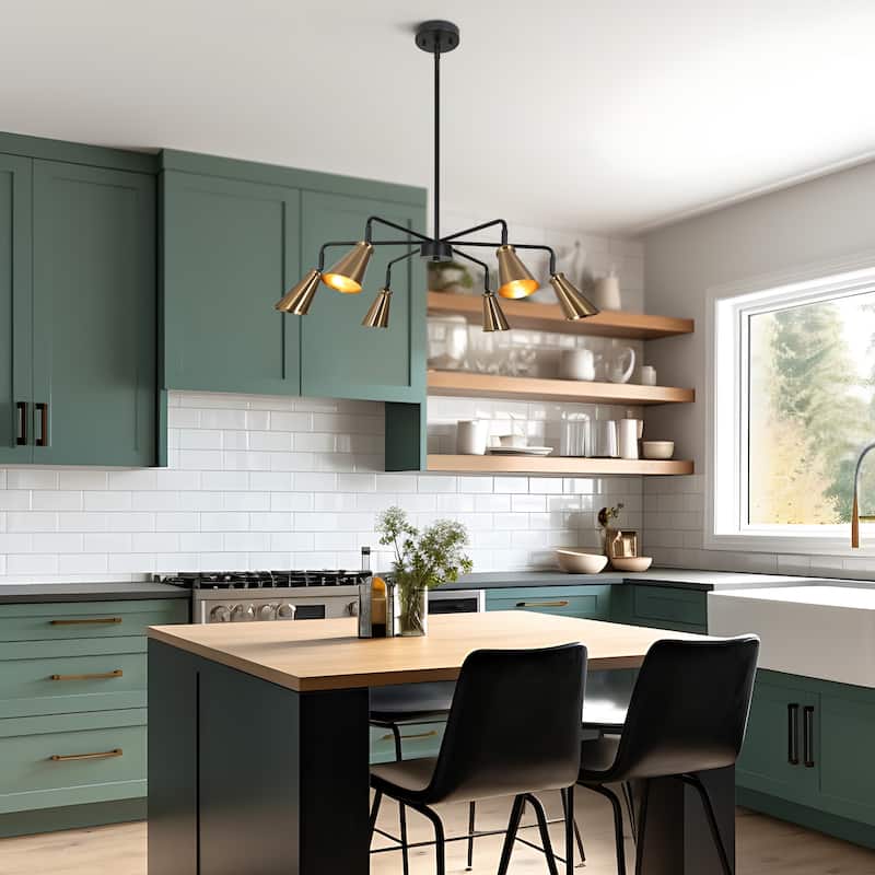 Tesa Modern 6-Light Black Gold Wheel Chandelier Metal Pendant Lights for Dining Room