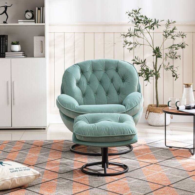 Velvet Swivel Accent Chair with Ottoman & Metal Legs (360° Rotation)
