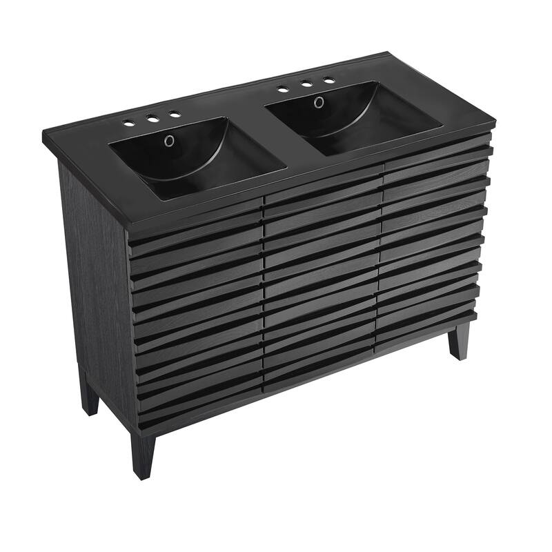 Cascade 48 In. Black Oak, Double Basin Bathroom Vanity With Black, 3-Hole Ceramic Sink Top