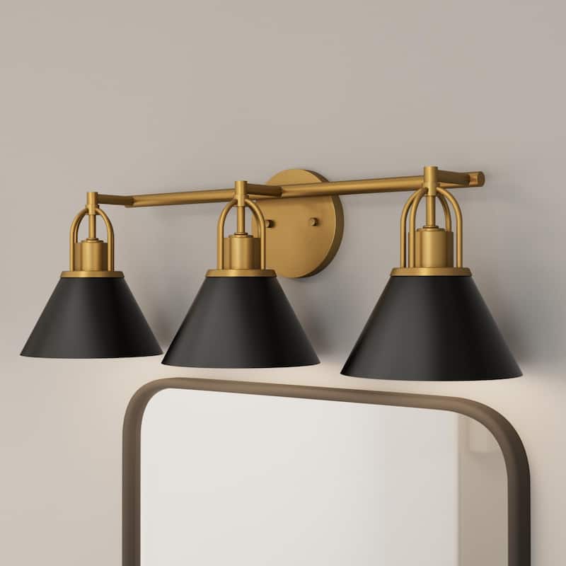 Hunter Carrington Isle Luxe Gold 3-Light Bathroom Vanity w/ Cased White Glass - Casual, Transitional - Designer - Luxe Gold-Black