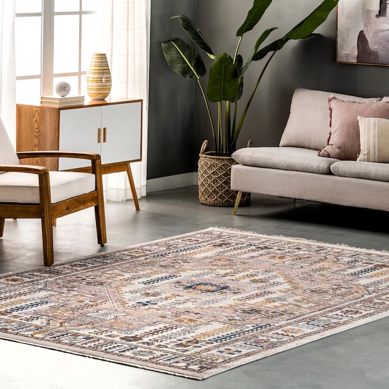 Nuloom Jocelyn Global Inspired Medallion Fringe Area Rug - 3' x 5' - Beige - Rectangle