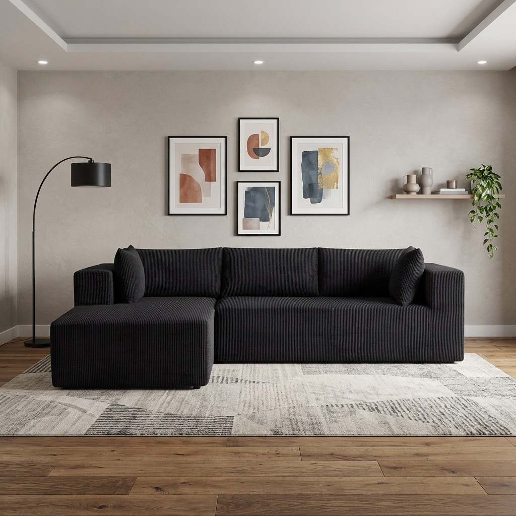 HomeRoots 105" Black Corduroy Modular Left Chaise Style Sofa With Toss Pillows