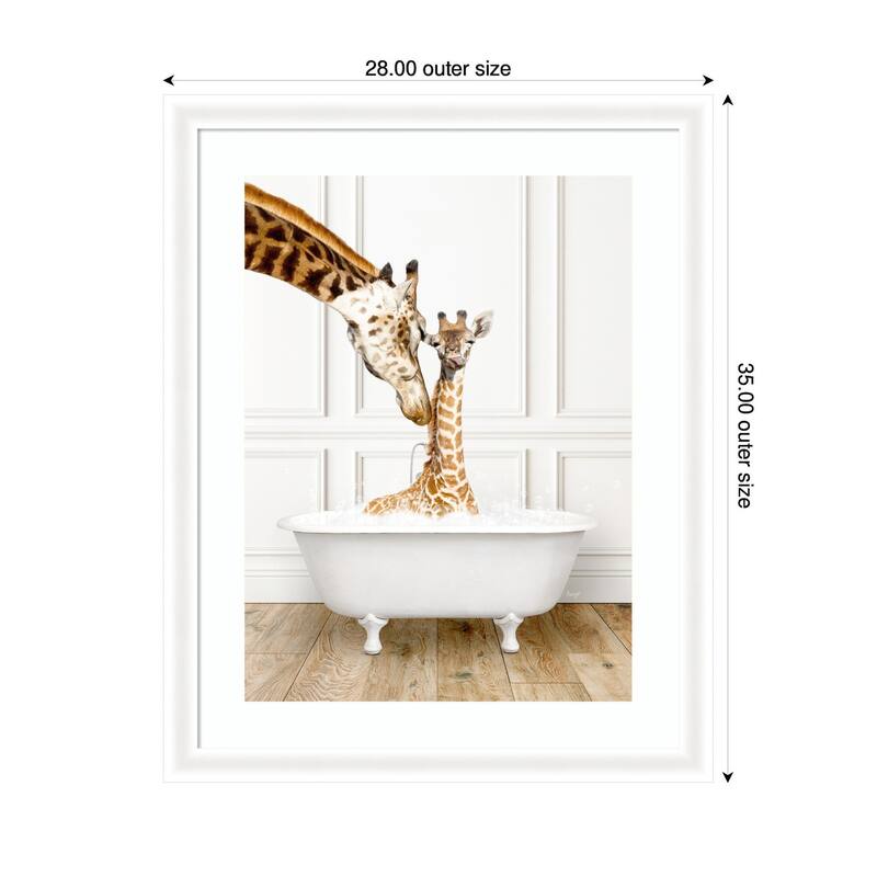 Kate and Laurel Mother and Baby Giraffe in Traditional Vintage Bathtub by Amy Peterson Framed Wall Art Print