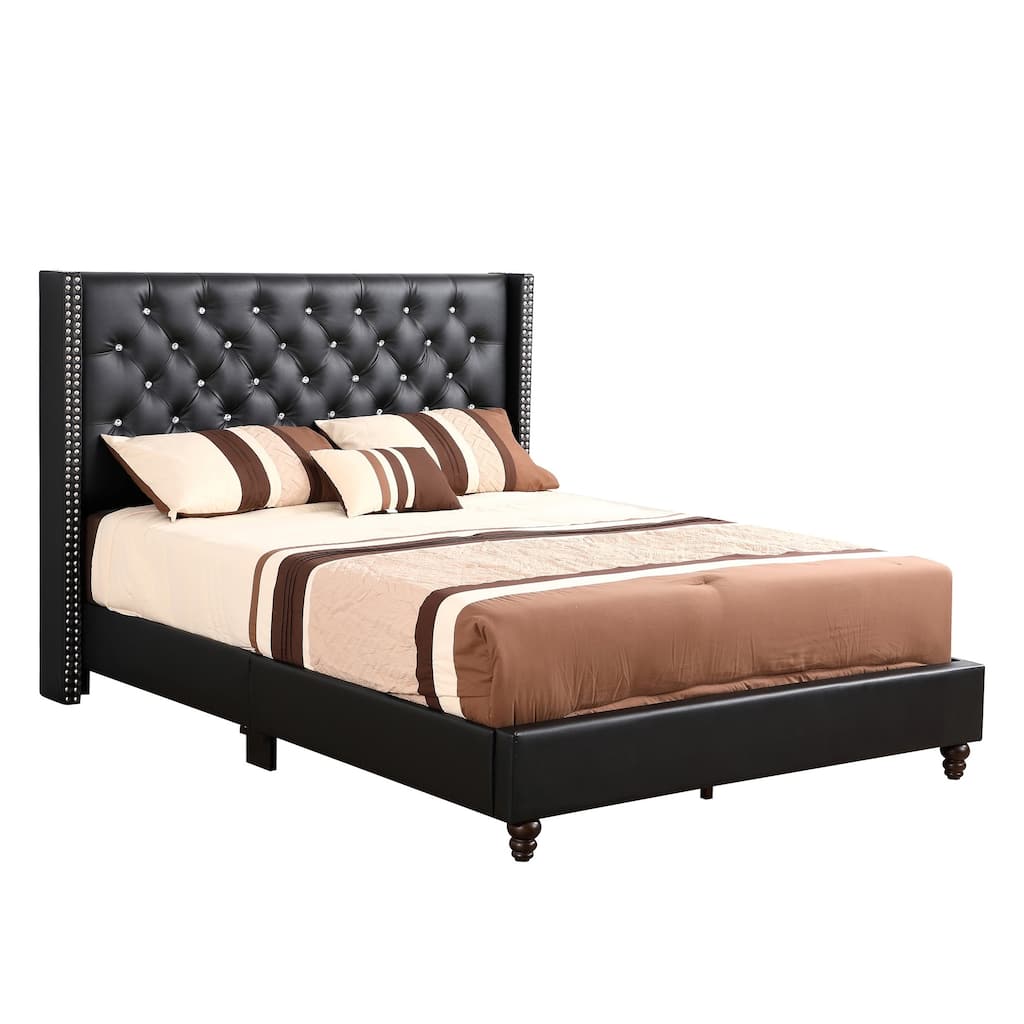 Queen Nailhead and Faux Jewel Tufted Upholstered Panel Bed - 86" - Black