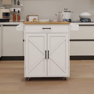 MDF Kitchen Cart with 2 Door Cabinet, Adjustable Shelves, Seasoning Space and Towel Rack