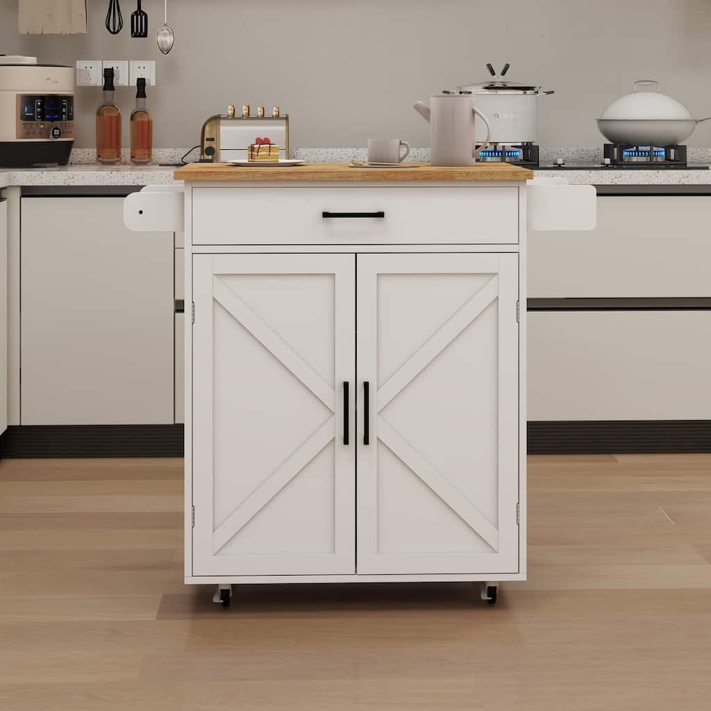 MDF Kitchen Cart with 2 Door Cabinet, Adjustable Shelves, Seasoning Space and Towel Rack
