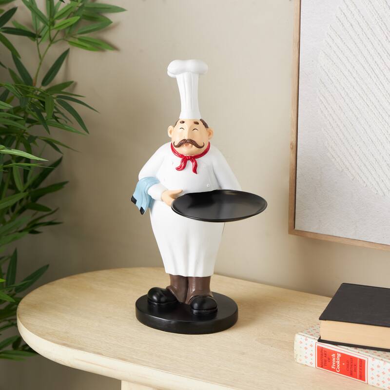 White Polystone Kitchen Decorative Figurine Chef Decorative Sculpture with Black Tray - White