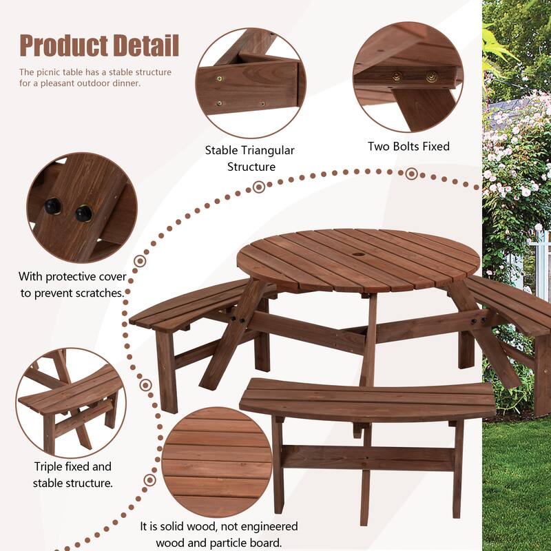 6 Seater Round Dining Table Set with 3 Built-in Benches, Outdoor Courtyard Wooden Picnic Table for Patio, Lawns, Garden