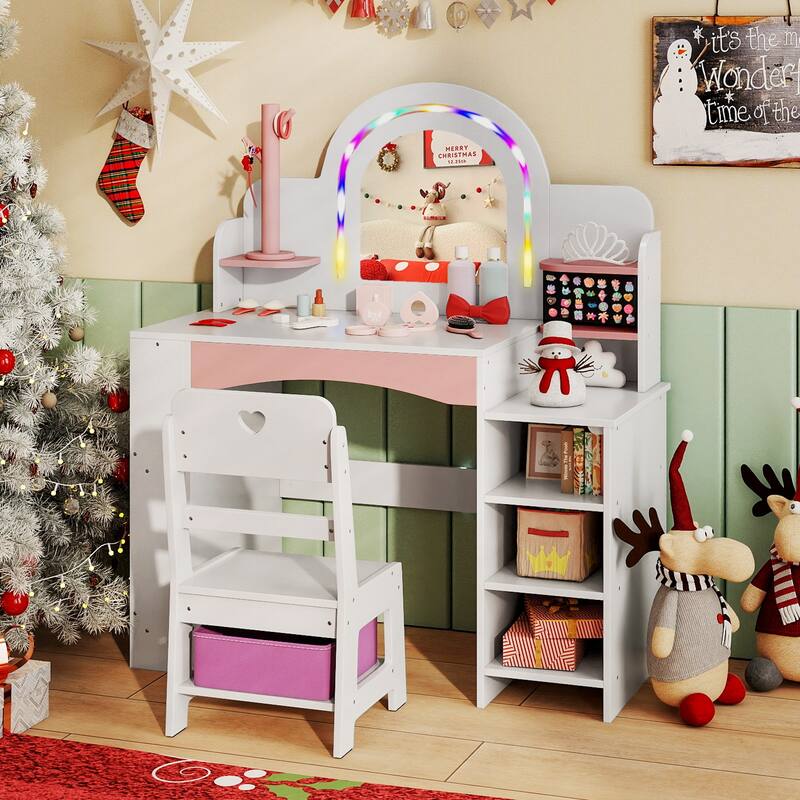 Gymax Kids Vanity Desk w/Mirror & Lights Princess Pretend Play Makeup