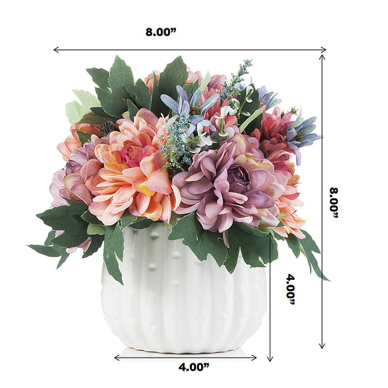 Enova Home Artificial Silk Daisy and Mixed Fake Flowers Arrangement in White Ceramic Pot for Home Garden Decoration