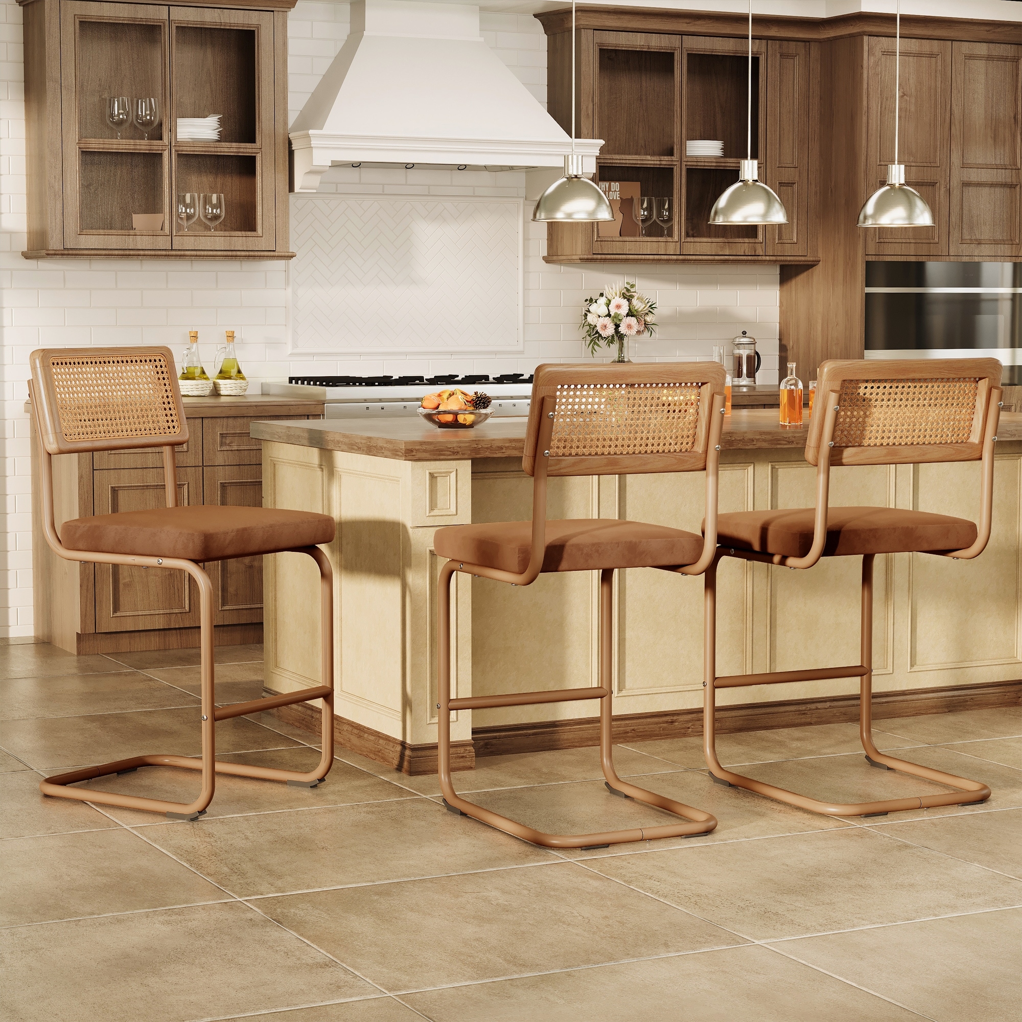 Set of 3 Counter Height Bar Stools with Woven Rattan Back and Footrest for Kitchen Island - 26" H