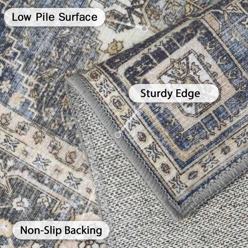 Mcow Faded Floral Vintage Low-Pile Machine Washable Non-Slip Area Rug