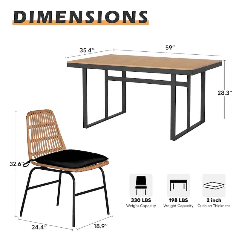 7 piece Outdoor Dining Set, Glass Table with Woven Chairs for Patio, Balcony & Garden - 26.77"L x 20.87"W x 31.1"H
