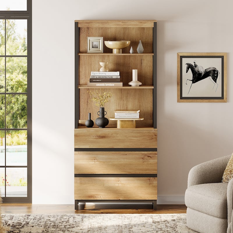 WAMPAT Modern 72" Tall Bookcase with Drawers and Open Book Shelfs, Library Book Shelf for Home Office, Living Room - Oak - 1 Piece