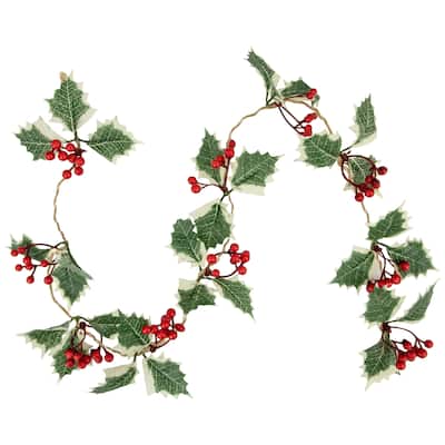 3.25' Holly and Berry Christmas Garland, Warm White LED Lights