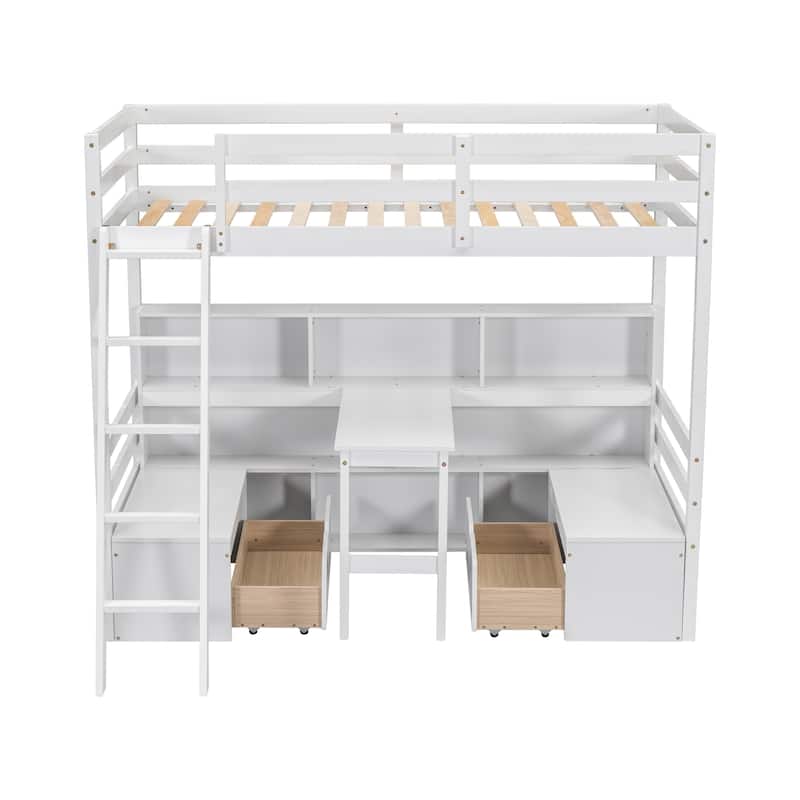 White Twin Size Wood Loft Bed with Storage Shelves