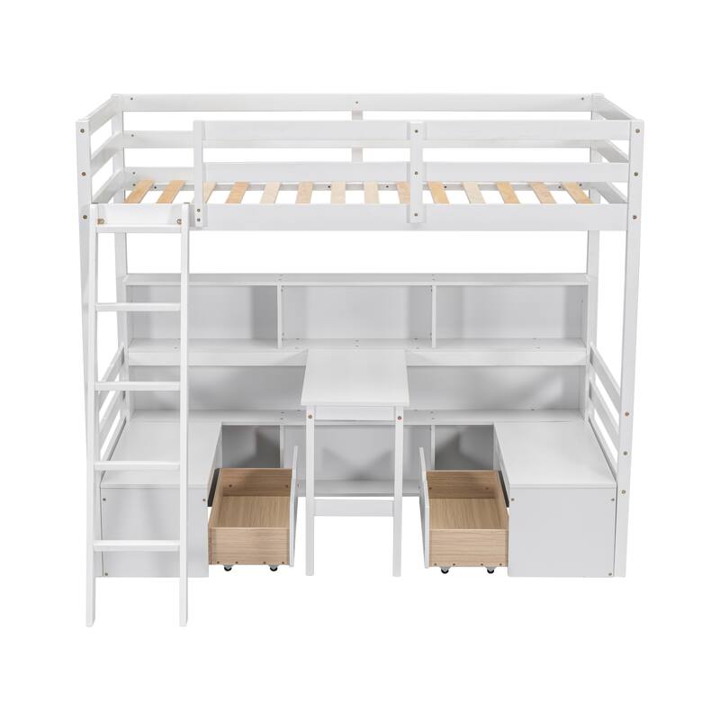 Wooden High Loft Bed Twin SIze with Desk and 2 Benches, Versatile Storage Loft Bed Frame with Built In Bookcase and 2 Drawers