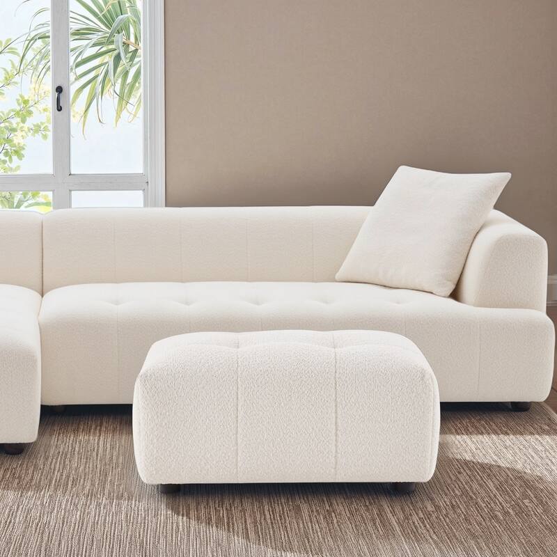 Konset Stylish Bouclé Ottoman with Biscuit Tufting & Soft Curves