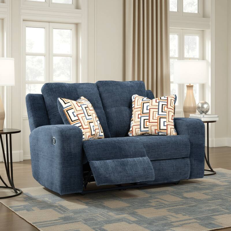 Genna Manual Reclining Loveseat, Navy Blue Fabric, 2 Pillows, 64 Inch