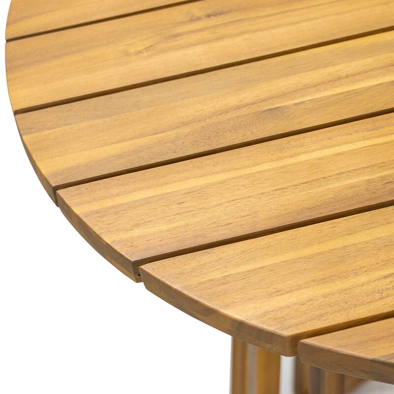 Roomfitters Outdoor Round Top Acacia Wood Dining Table with Slatted Design, Patio Bistro Table for Garden or Balcony, Teak