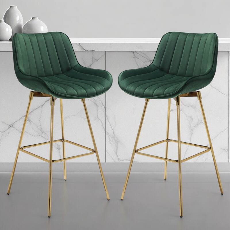 HomeRoots Set of Two 29" Green and Gold Velvet and Metal Low Back Bar Height Swivel Bar Chairs - Bar Height - Set of 2 - Green