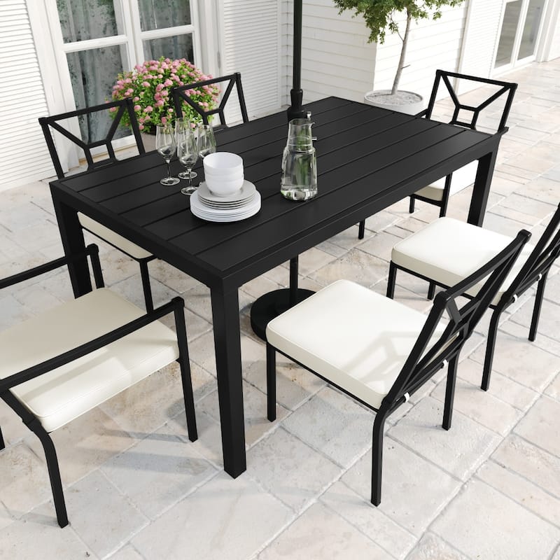 Martha Stewart 7-Piece Steel Patio Dining Set with 6 Stackable Chairs and 60" Table - 23"W x 26.25"D x 35.25"H